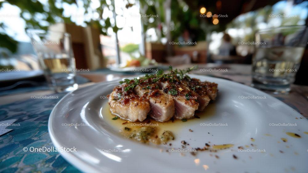 Elegant Grilled Meat with Fresh Herbs on a Restaurant Plate