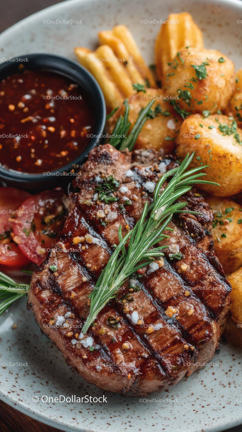 Gourmet Grilled Steak with Fresh Herbs and Crispy Potatoes