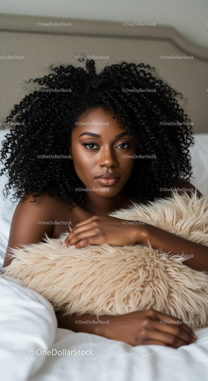Confident woman with natural curls resting in bed