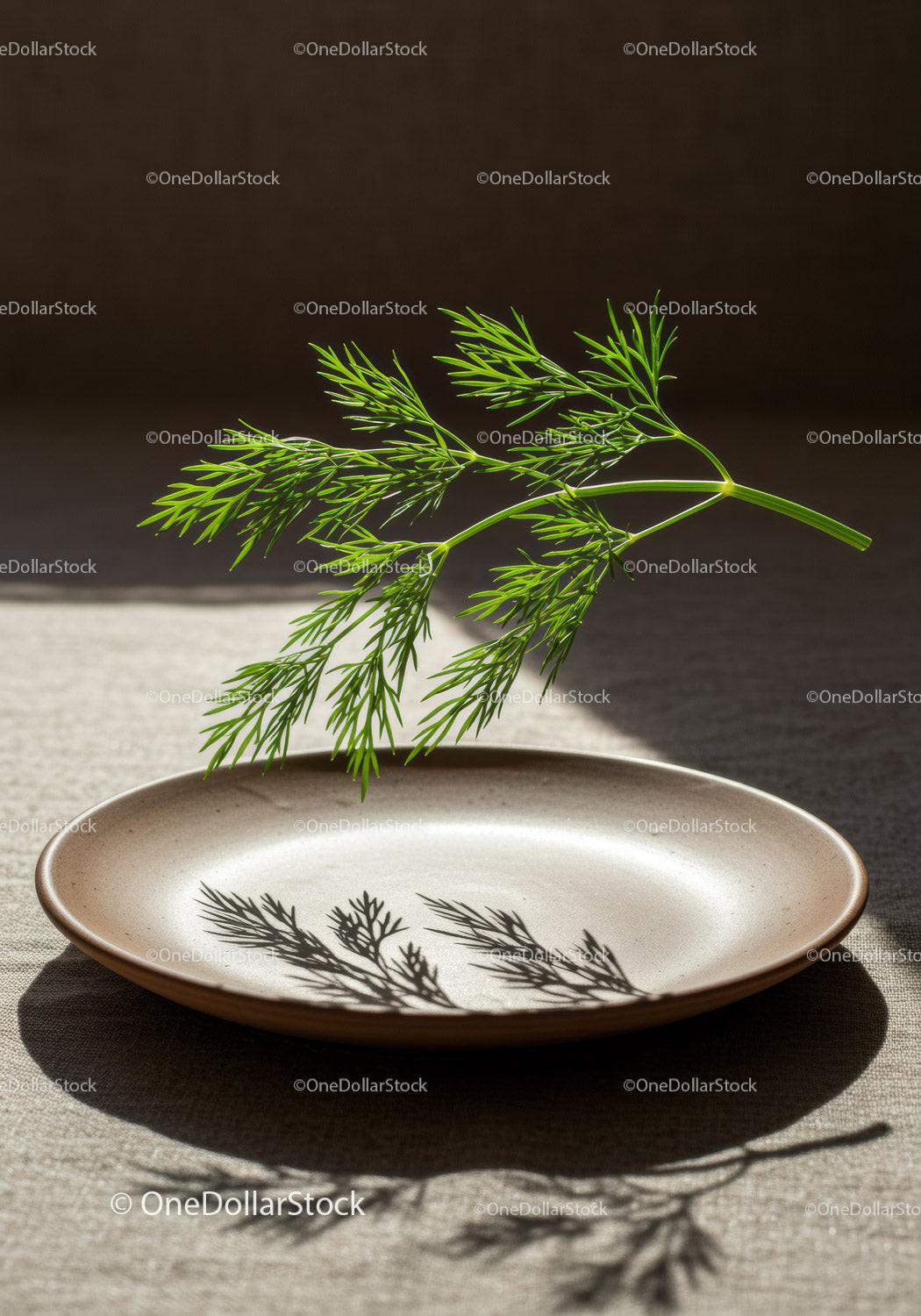 Fresh green dill casting shadow on ceramic plate