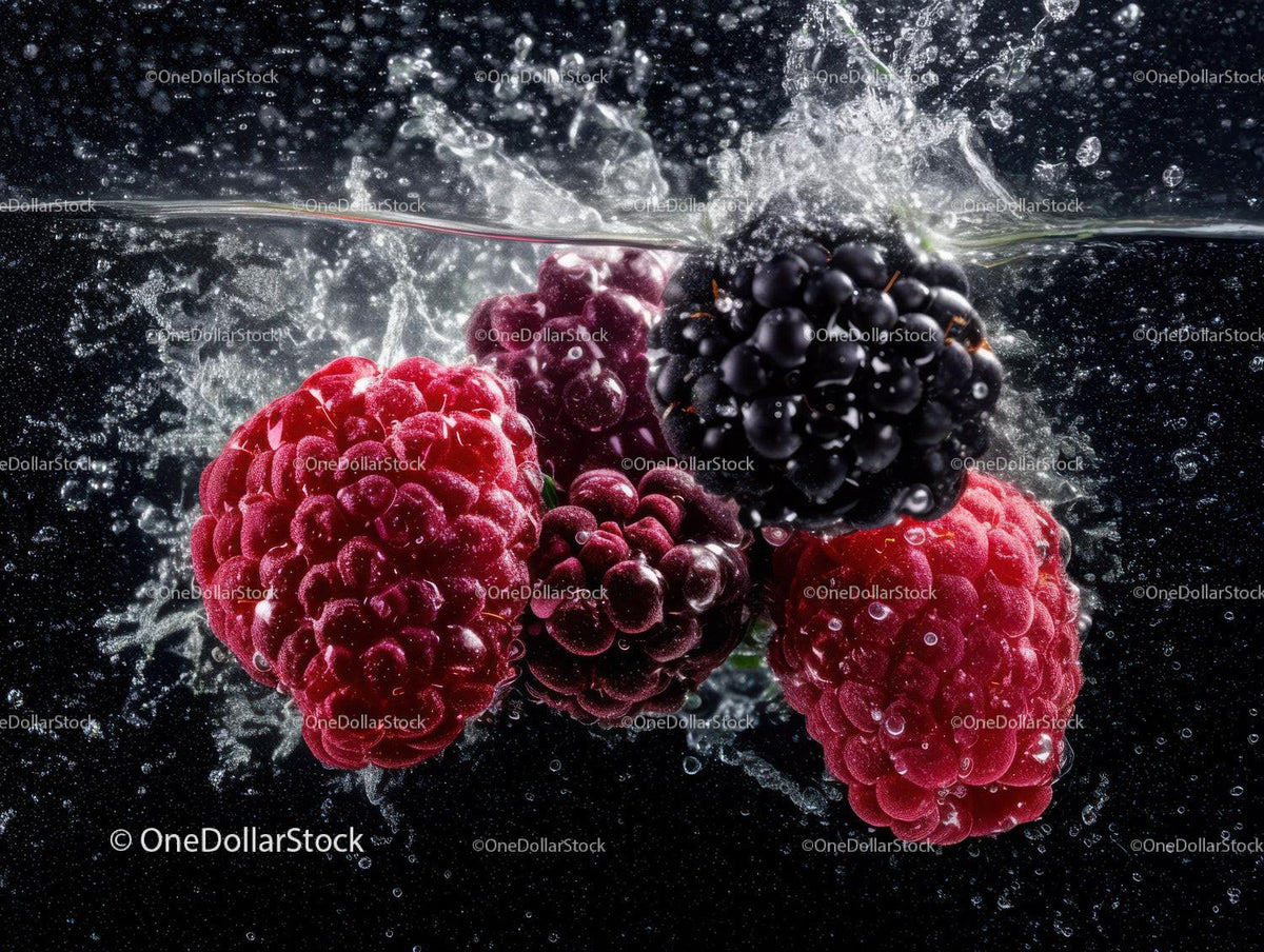 Fresh Raspberries and Blackberries Splashing in Water