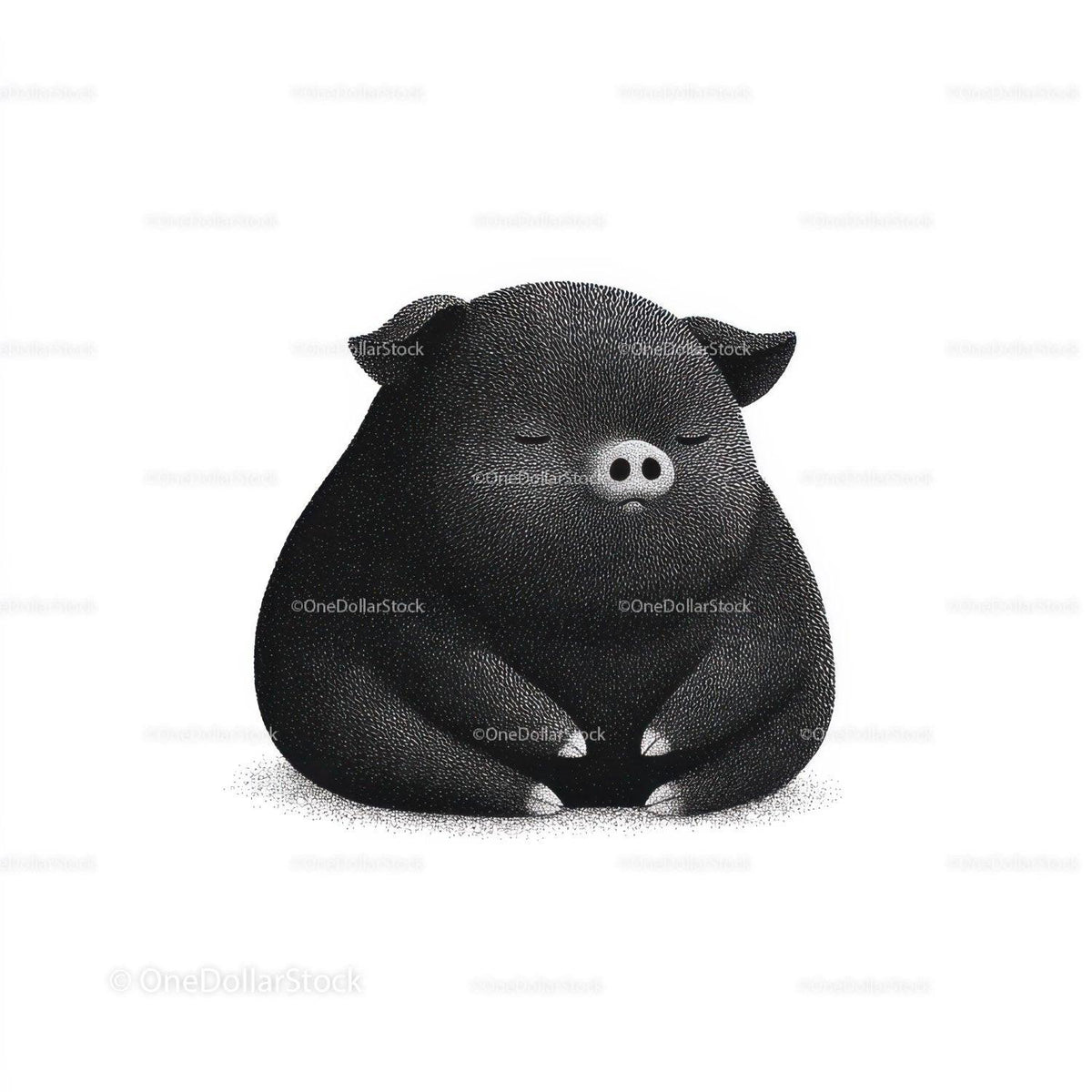 Black pig sitting with closed eyes and serene expression on white background