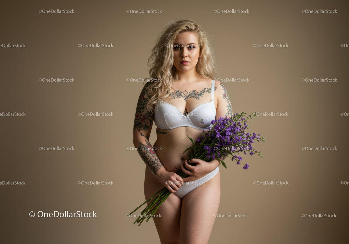 Stylish Woman in White Lingerie Holding Purple Flowers in Studio