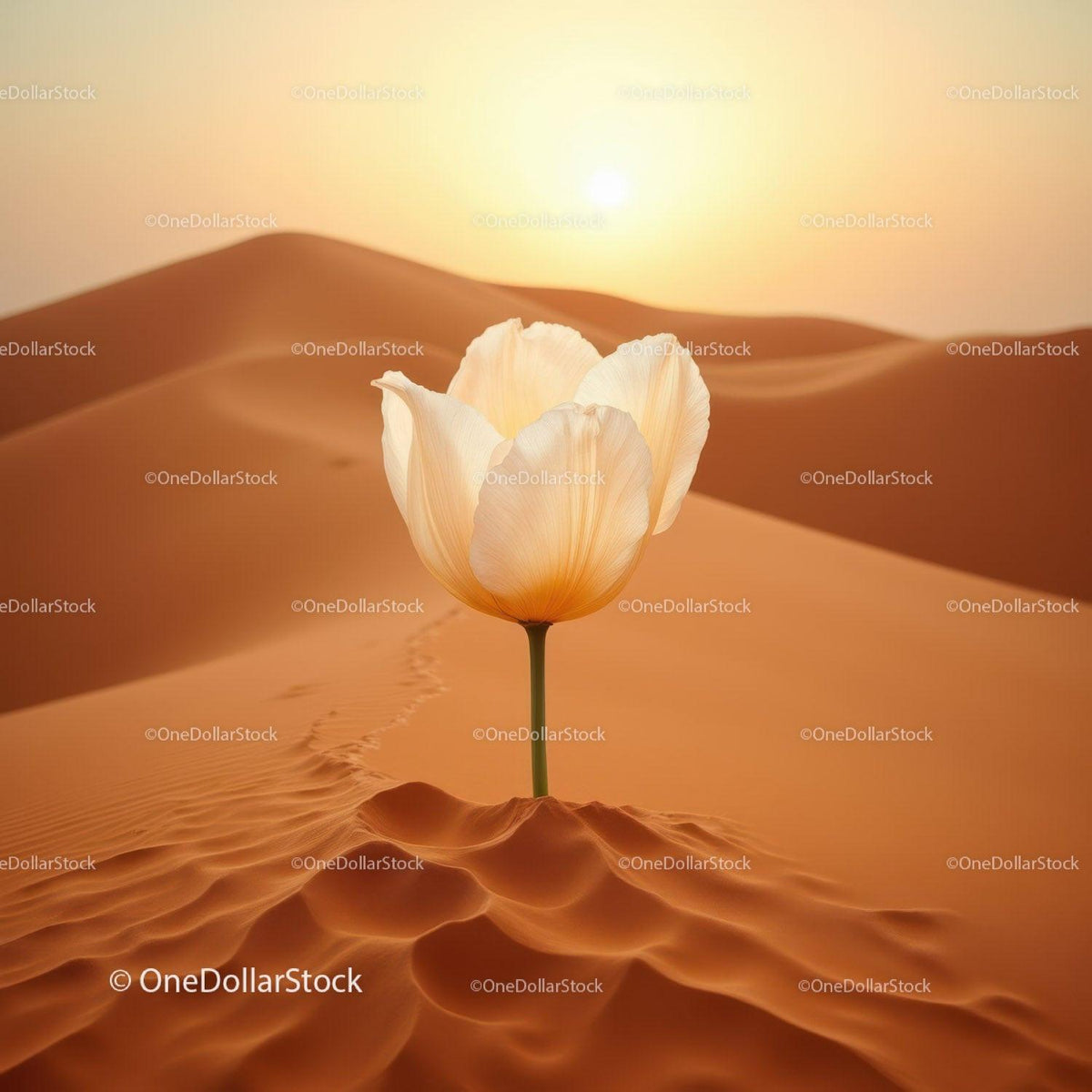 Delicate Tulip Blooming Alone in Desert Sunset