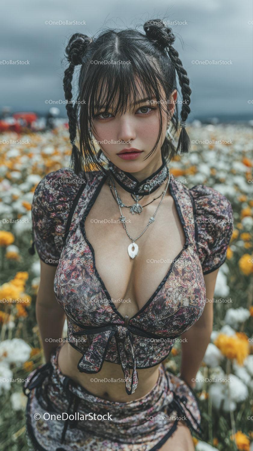 Fashion model with braided hair and floral outfit in outdoor setting