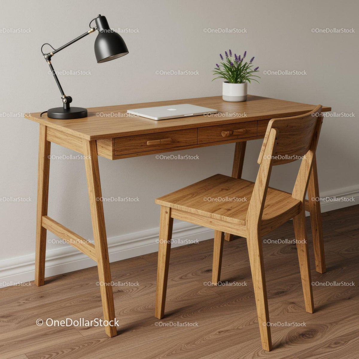 Modern Wooden Desk with Black Lamp and Lavender Plant for Home Office