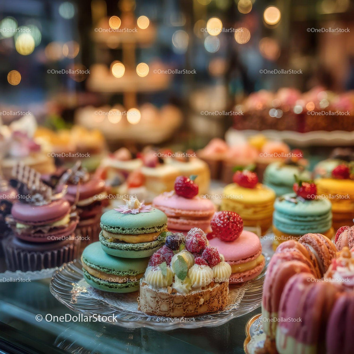 Colorful Macaron and Cake Display in Luxury Bakery