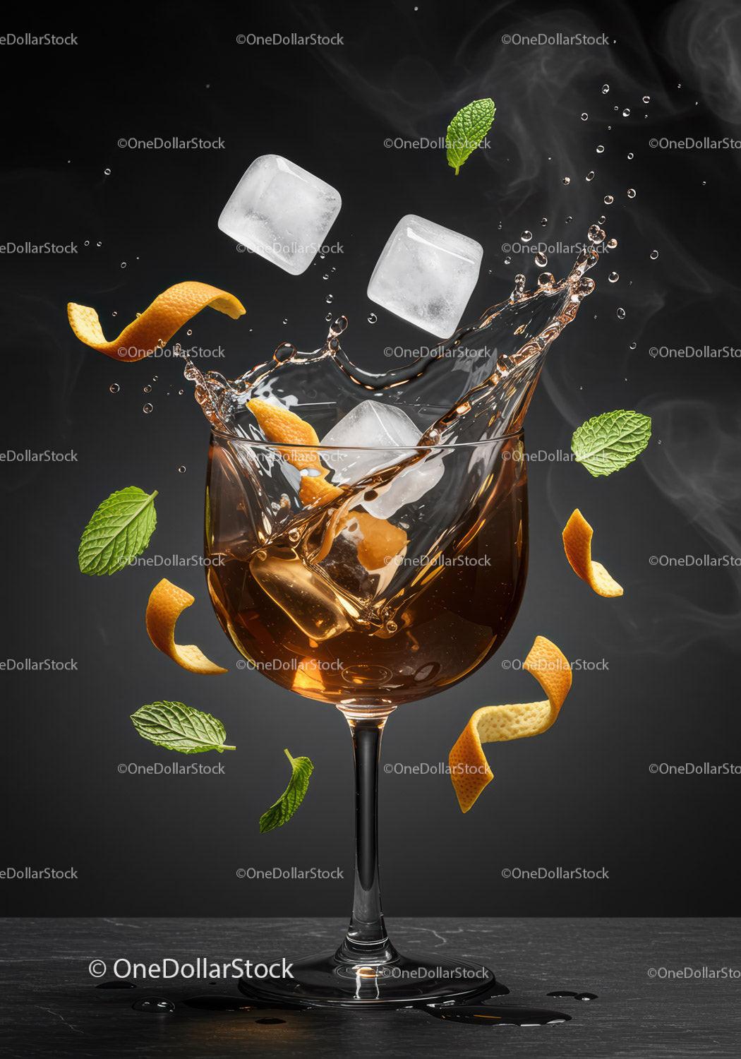Refreshing cocktail splash with ice and citrus peel