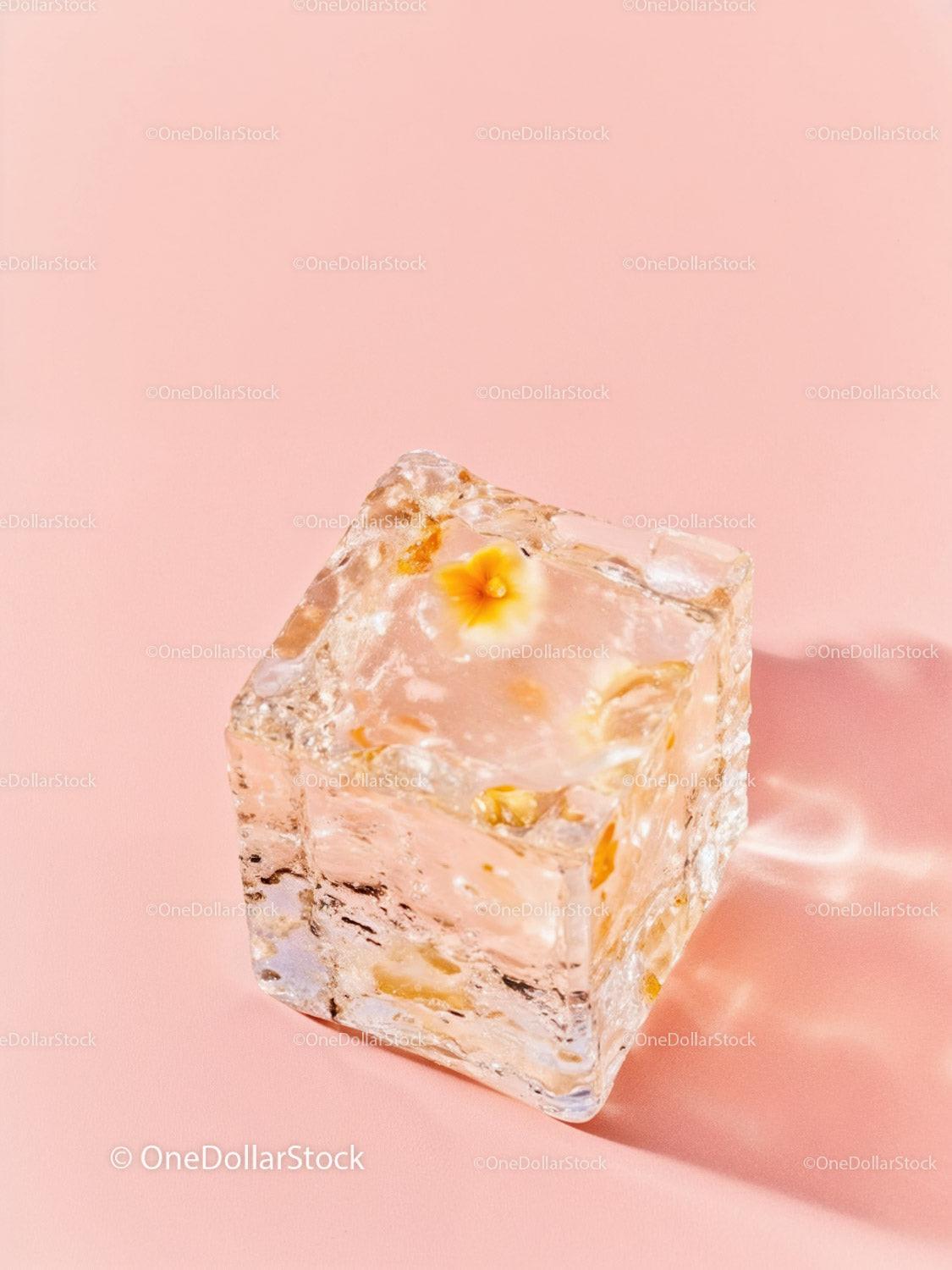Close up of flower frozen in ice cube on pink background