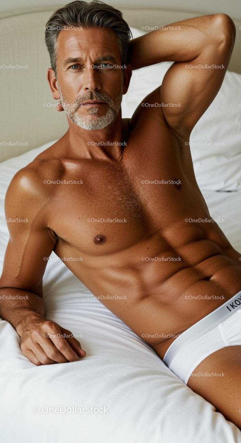 Fit mature man relaxing on bed in white underwear