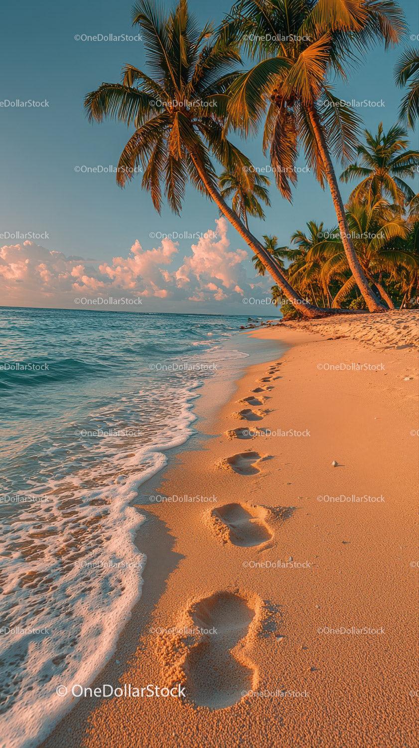 Sunset over Tropical Beach with Palm Trees and Footprints Stock Photo Bundle preview 23