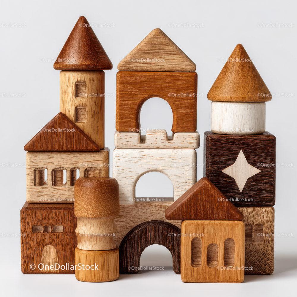 Various natural wooden toy blocks stacked with arches and triangular shapes on white background