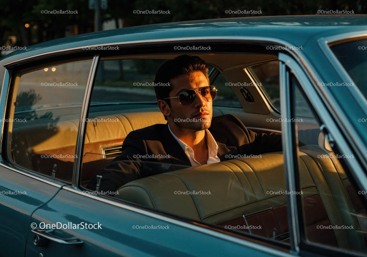 Stylish Man in Sunglasses Sitting in Classic Vintage Car at Sunset Stock Photo Bundle preview 17