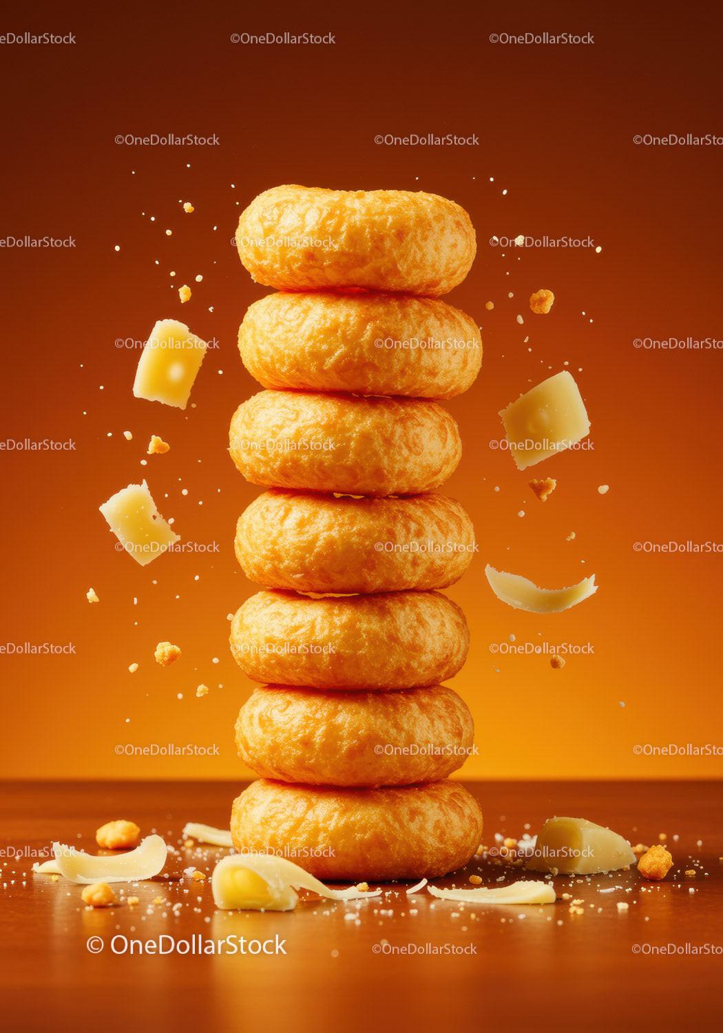 Stack of Crispy Cheese Balls with Falling Cheese Shavings