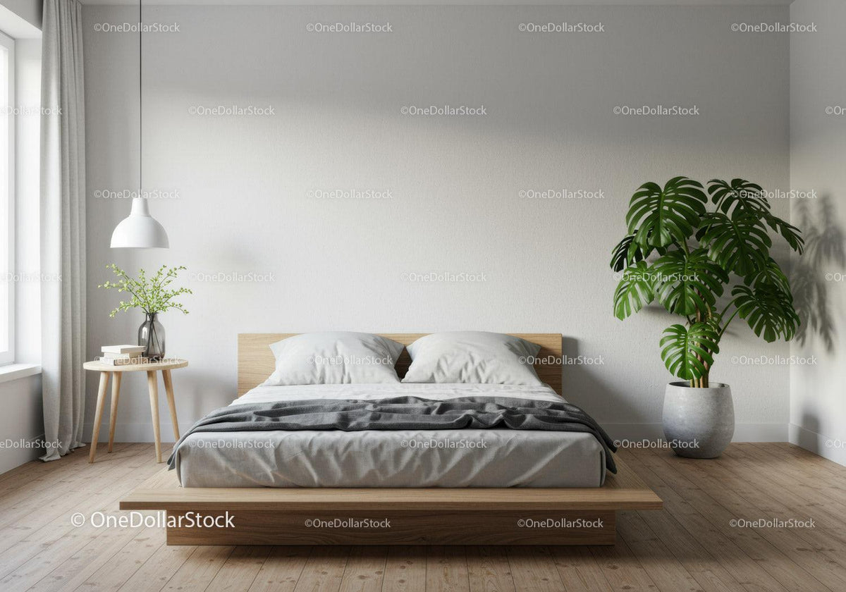 Modern Minimalist Bedroom with Monstera and Wooden Furniture
