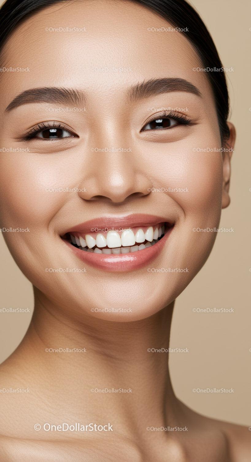 Close up portrait of smiling Asian woman with clear skin