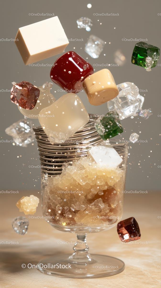 Colorful Candies and Sugar Cubes in Dessert Glass with Ice