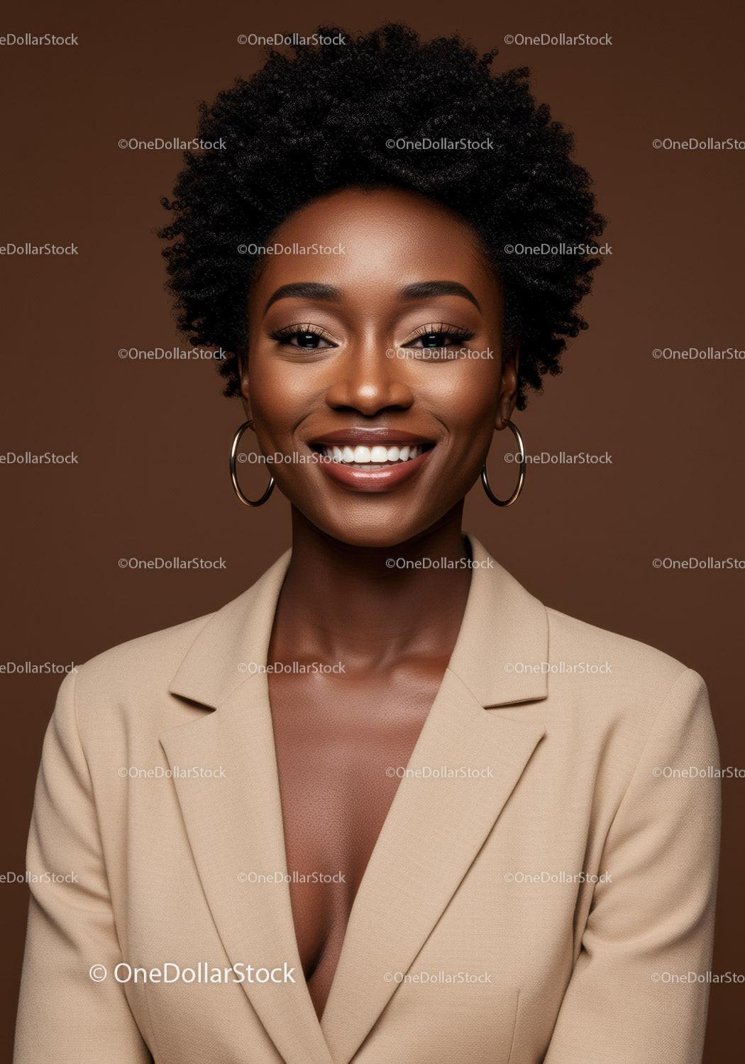 Elegant Black Woman with Natural Afro Hairstyle Wearing Beige Blazer