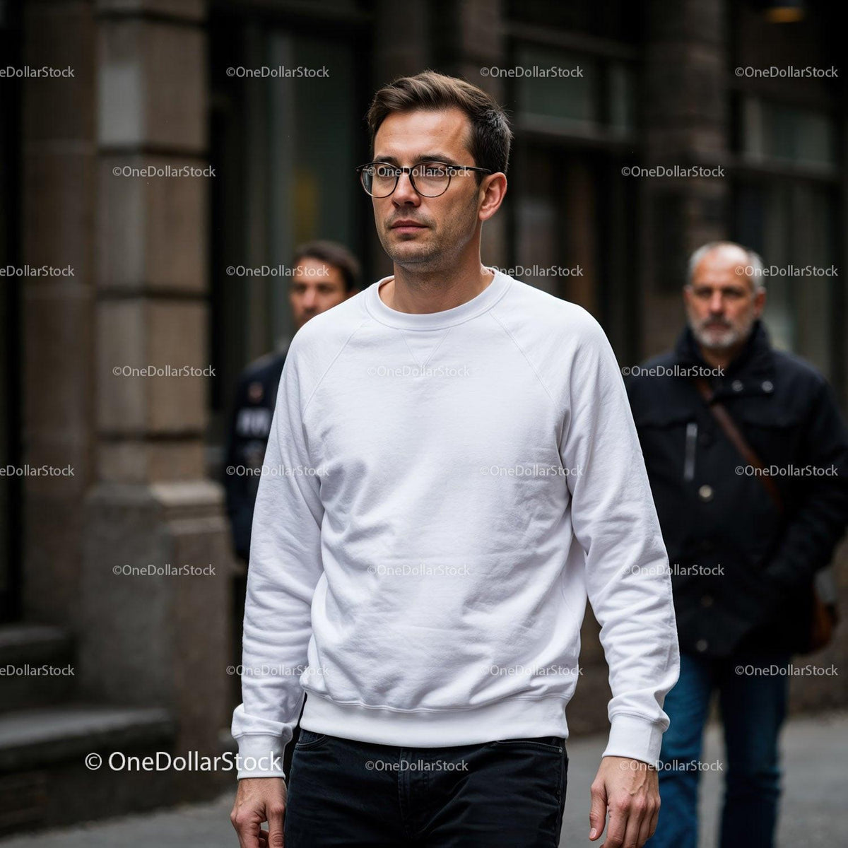 Man in white sweatshirt walking in urban street JPG Mockup Image preview