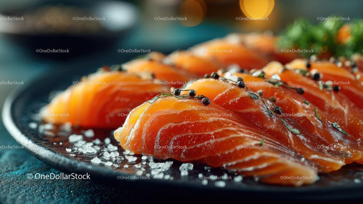 Fresh Sliced Smoked Salmon with Herbs and Sea Salt on Black Plate Stock Photo Bundle preview 10
