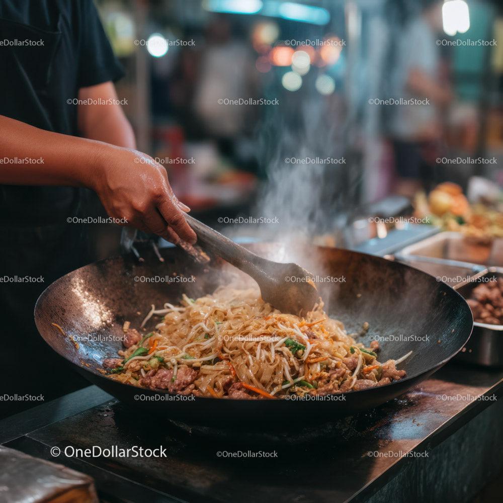 Stir-Fried Noodles with Vegetables in a Professional Street Food Setting Stock Photo Bundle preview 10