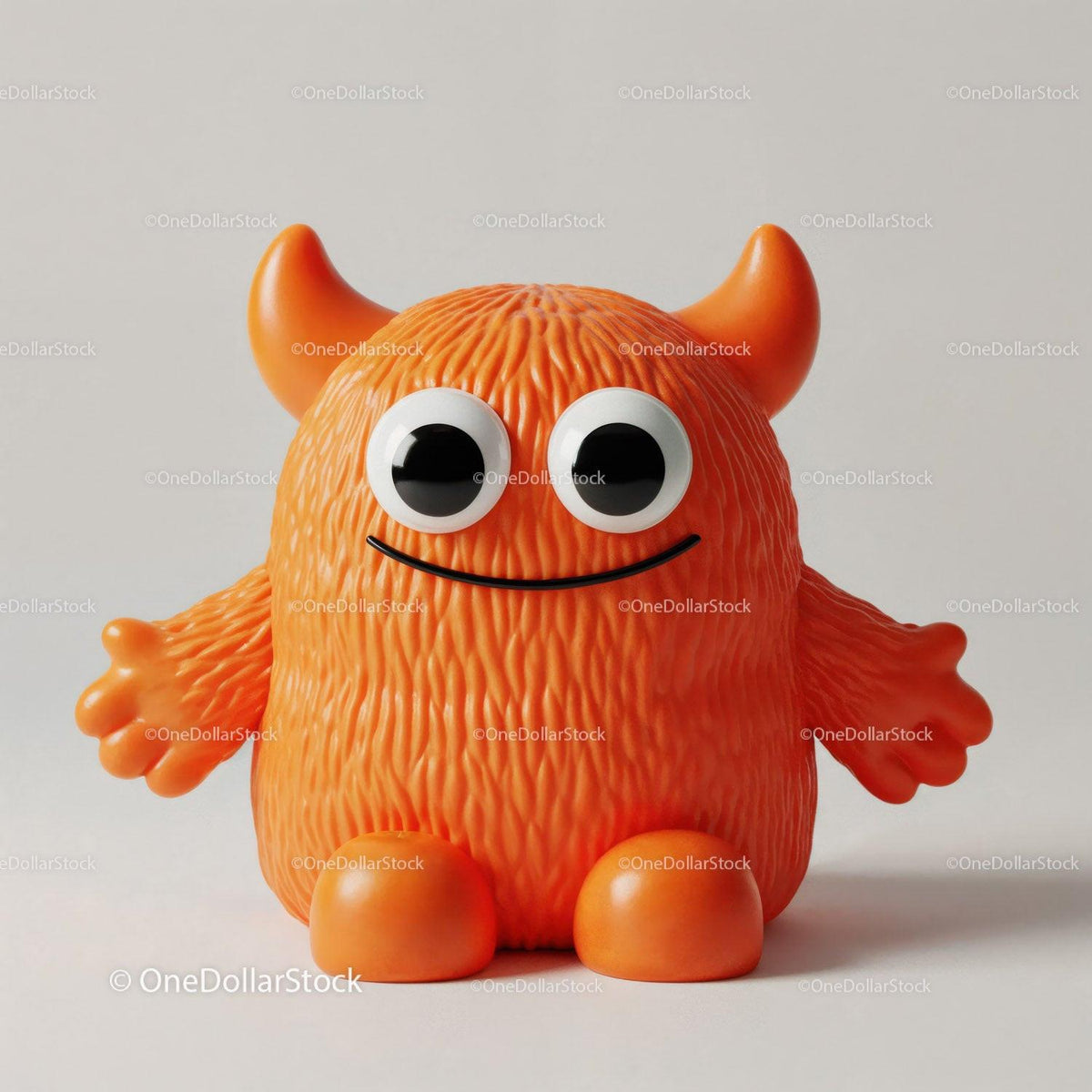 Orange furry cartoon monster toy with large eyes and horns