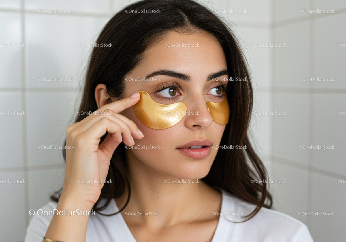 Young woman applying gold eye masks for skincare treatment