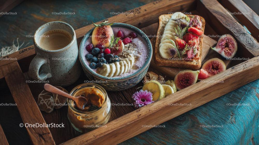 Nutritious Breakfast Tray with Toast Fresh Strawberries and Hot Chocolate Stock Photo Bundle preview 16