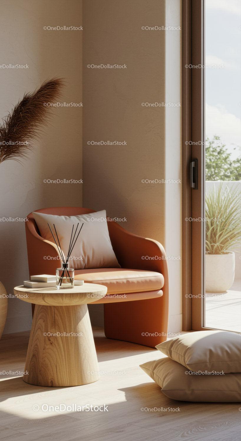 Cozy corner with modern armchair and natural decor