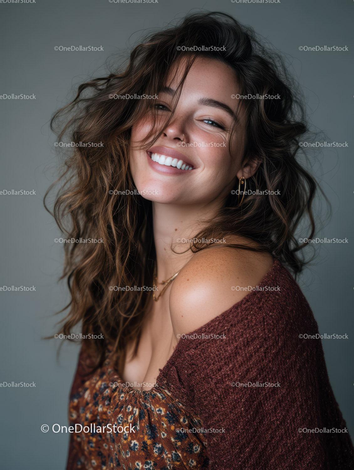 Happy Young Woman with Curly Hair and Bright Smile