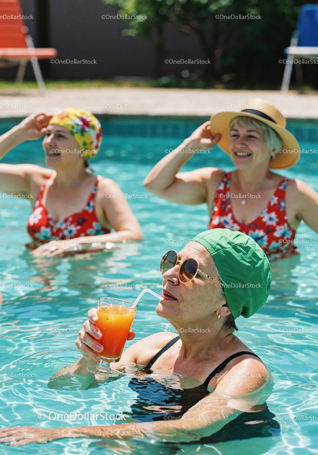 Elderly Women Relaxing and Drinking Refreshing Drinks in Pool Stock Photo Bundle preview