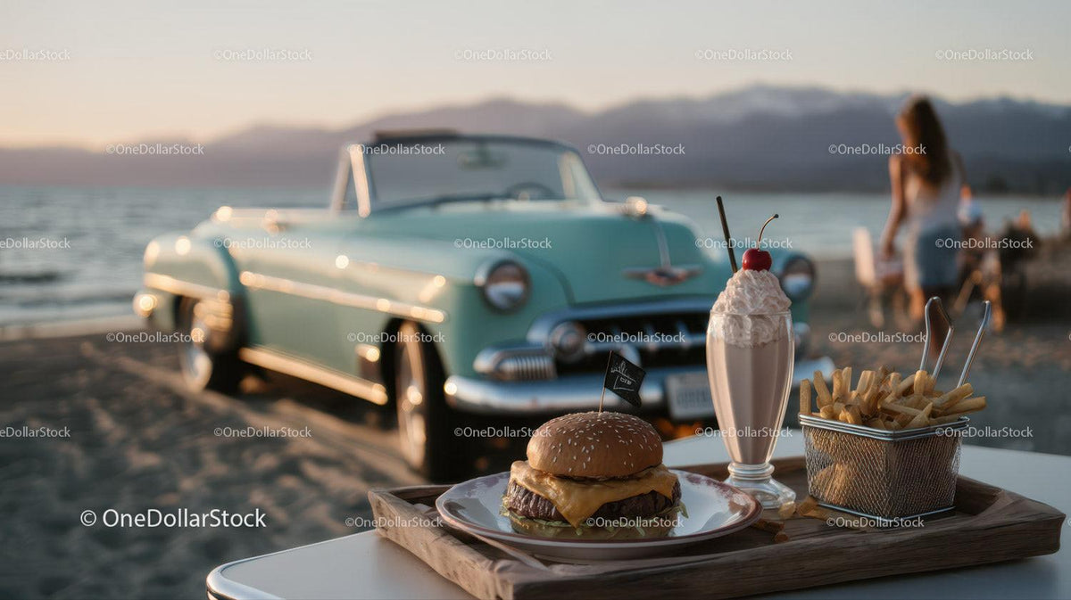 Beachside Cheeseburger French Fries and Milkshake with Classic Car Stock Photo Bundle preview 51
