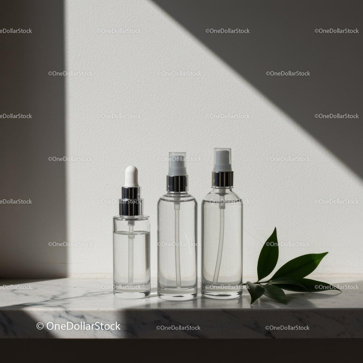 Clear Glass Cosmetic Bottles on Marble with Leaf JPG Mockup Image preview