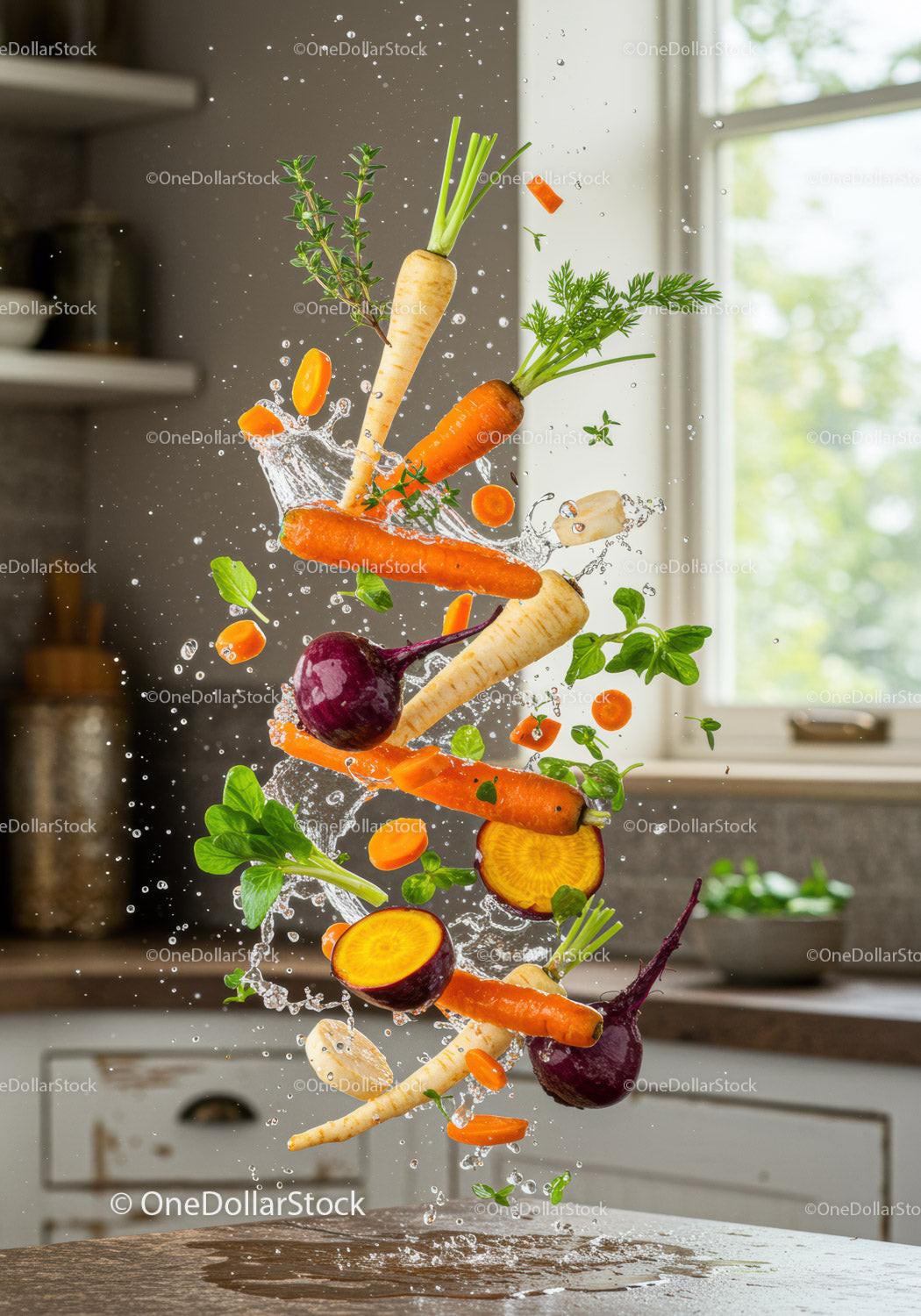 Fresh root vegetables splashing with water in kitchen