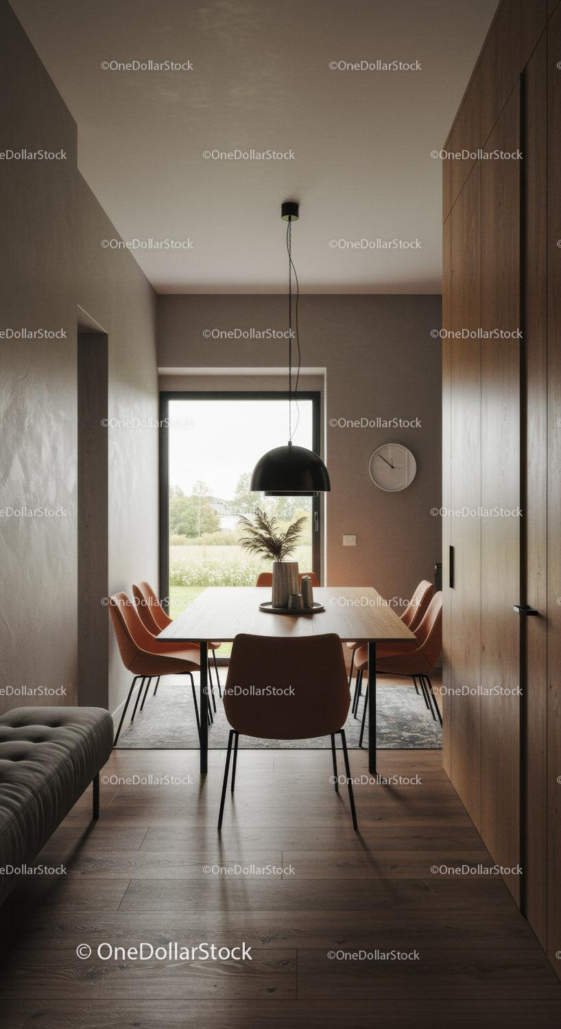 Modern dining room with natural light and warm tones