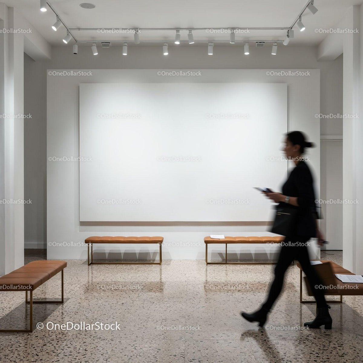 Woman walking through modern minimalist gallery space JPG Mockup Image preview