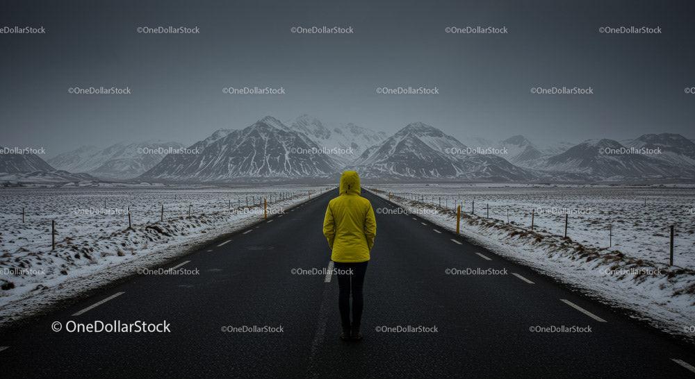 Lonely Traveler in Yellow Jacket on Snow-Covered Road Stock Photo Bundle preview 7