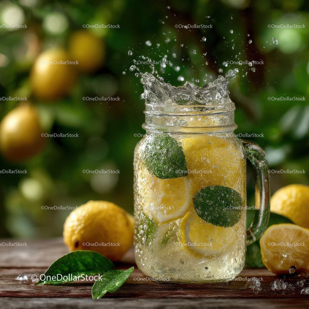 Fresh Lemonade with Sliced Lemons in a Glass Pitcher on Rustic Wooden Surface Stock Photo Bundle preview 19