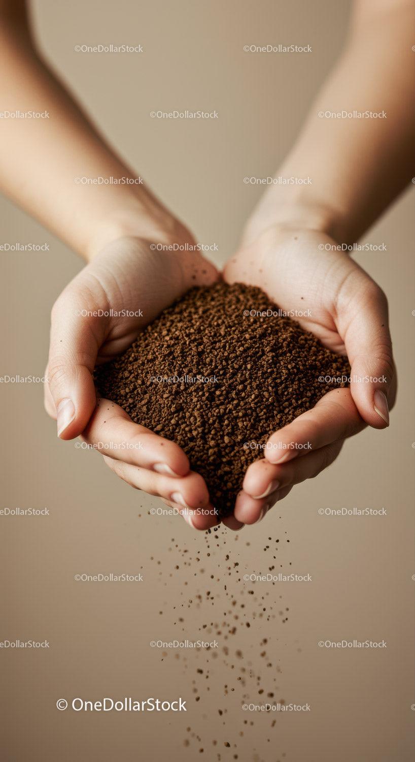 Hands Holding and Pouring Granular Soil in Warm Light