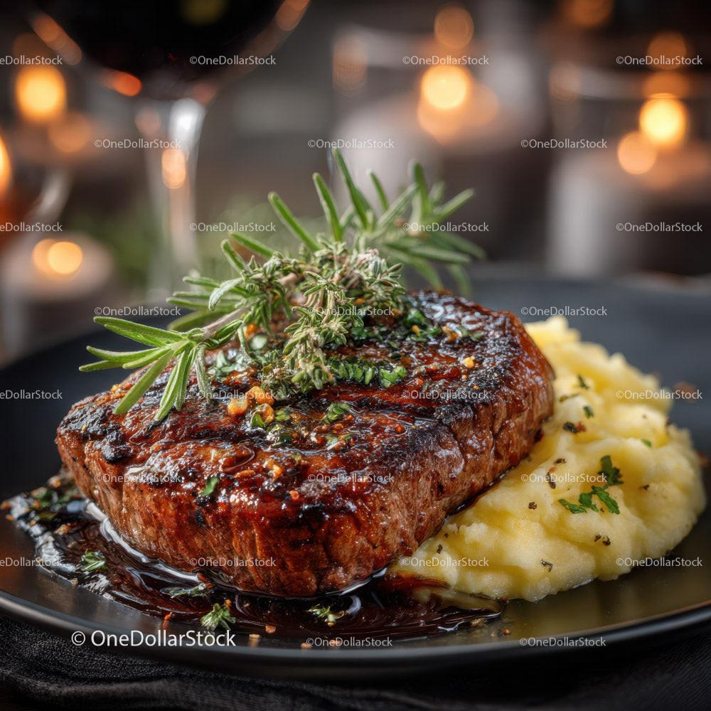Herb Garnished Juicy Grilled Steak with Mashed Potatoes