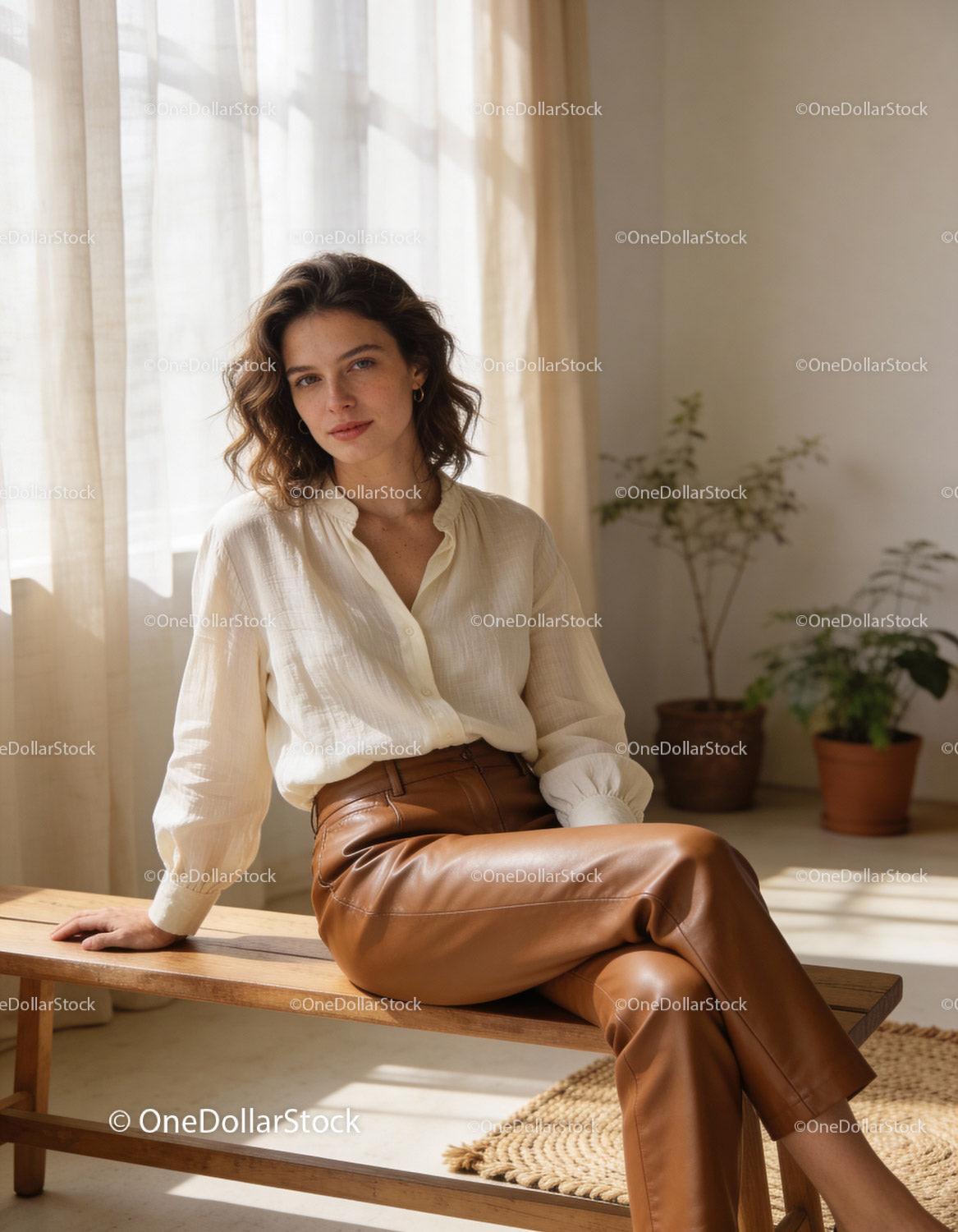 Calm woman sitting on wooden bench in soft daylight