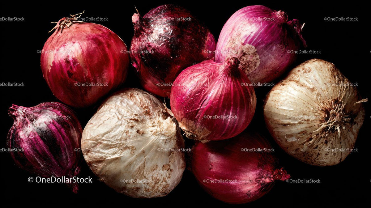 Fresh Red Onions and Garlic Bulbs on Dark Background