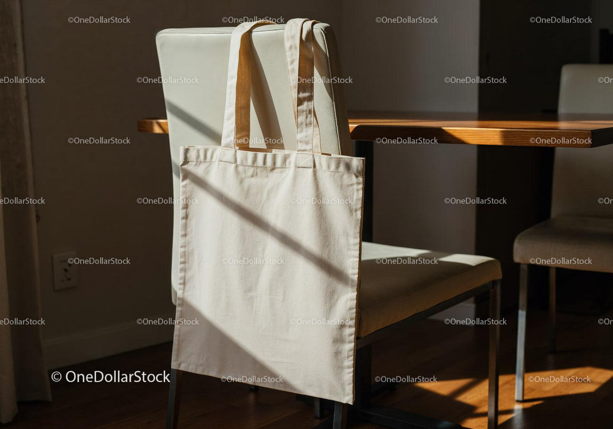 Natural Canvas Tote Bag Hanging on Chair in Sunlit Room JPG Mockup Image preview