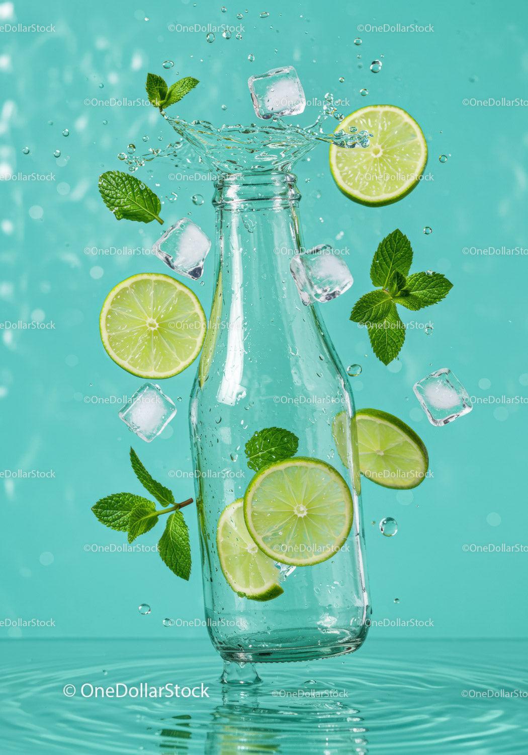 Refreshing splash with lime, mint, and ice cubes in bottle