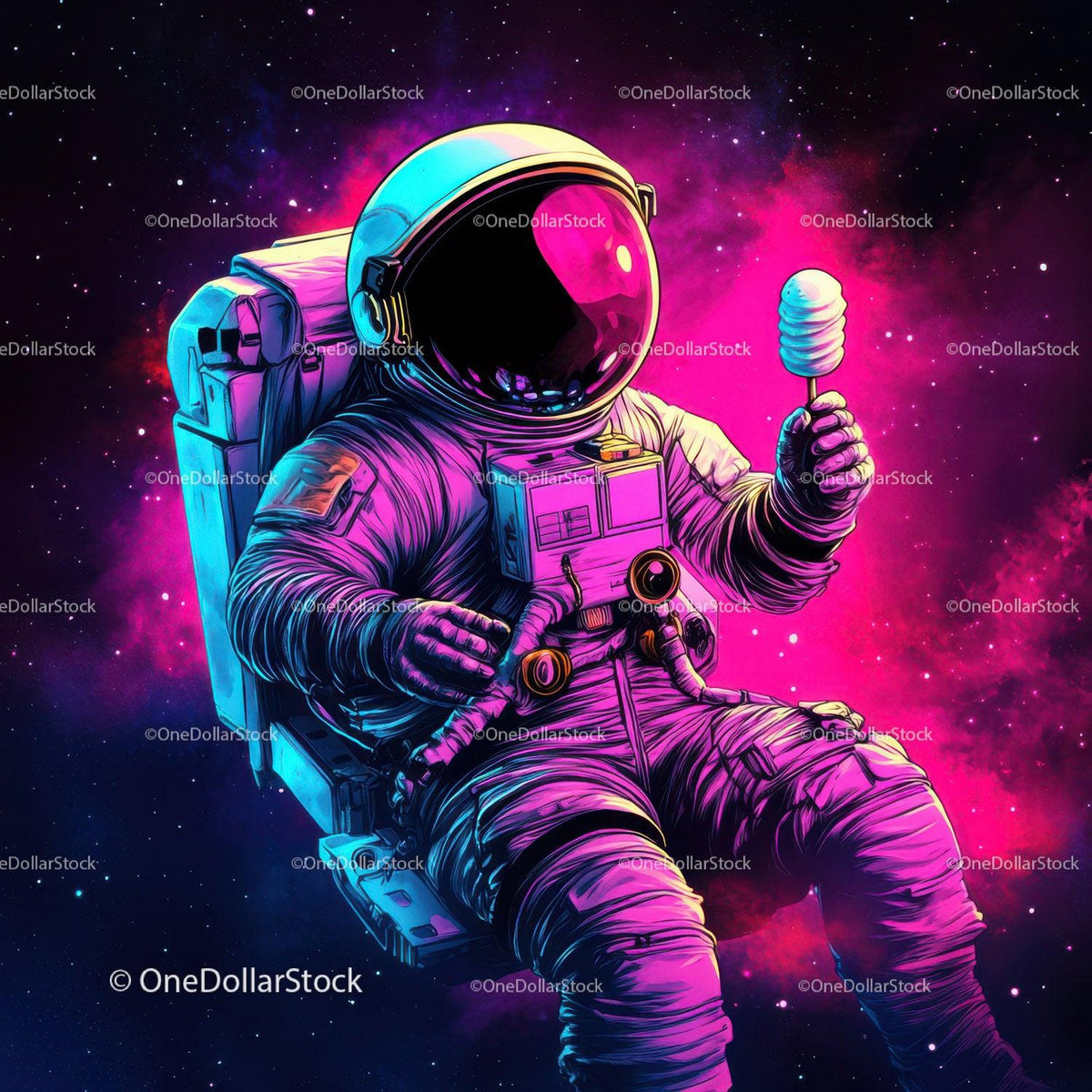 Colorful Astronaut Holding Ice Cream in Space with Galaxy Reflection Stock Photo Bundle preview 9