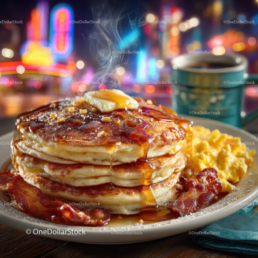 Stack of Fluffy Pancakes with Syrup and Bacon for Breakfast or Brunch Stock Photo Bundle preview 10