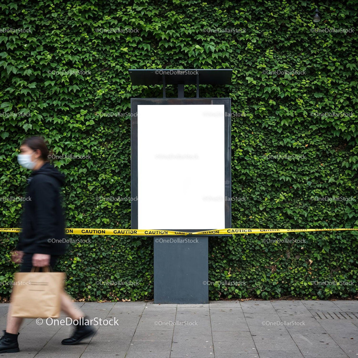 Person Walking Past Blank Billboard with Caution Tape JPG Mockup Image preview