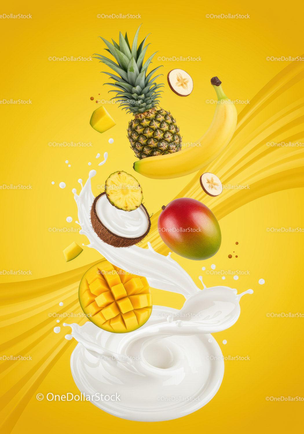 Tropical fruits splashing into creamy yogurt swirl