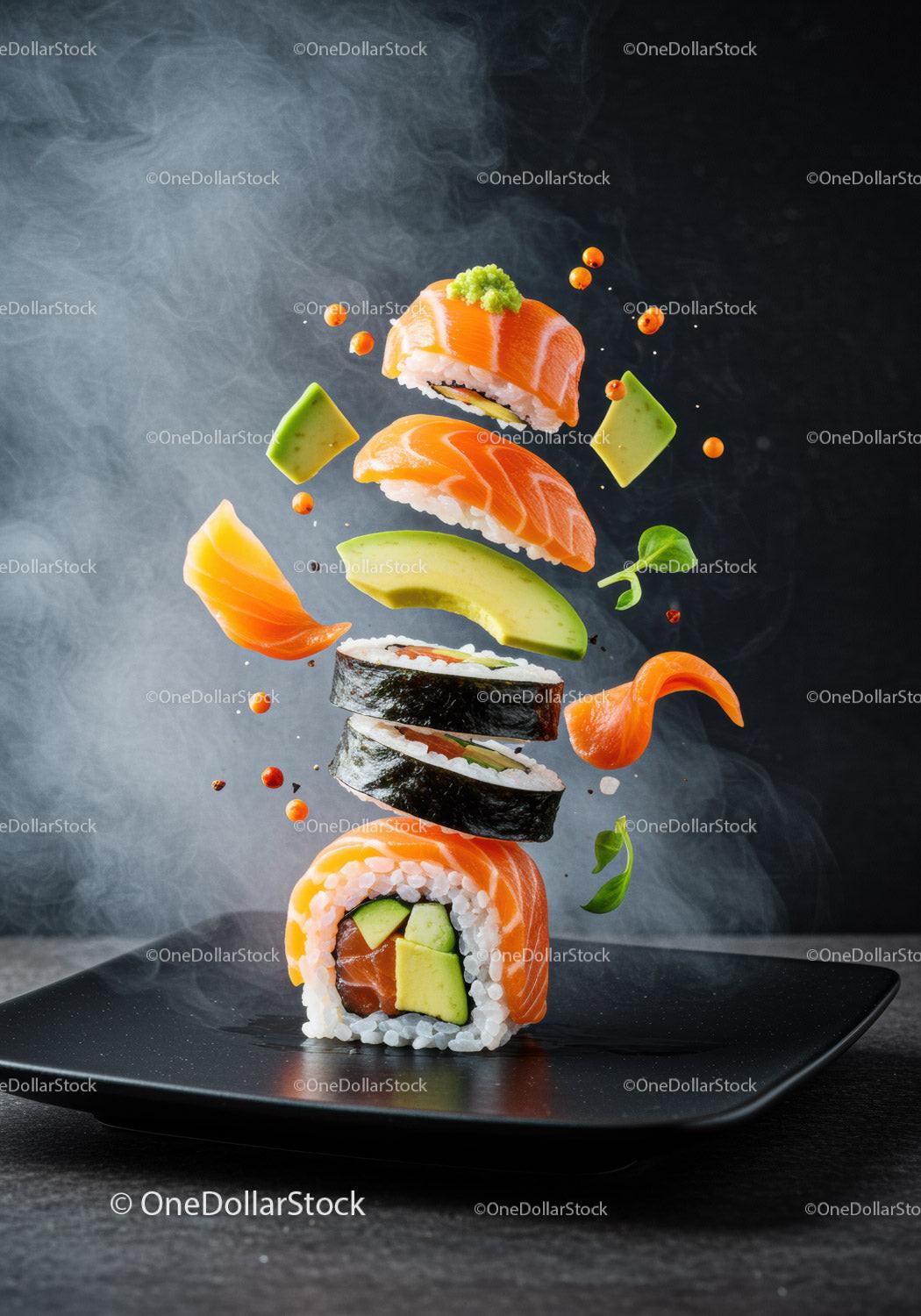 Deconstructed Salmon Avocado Sushi with Floating Ingredients