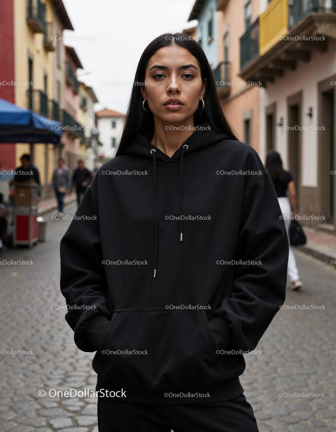Fashionable Woman Wearing Black Hoodie in Urban City Street Stock Photo Bundle preview 28
